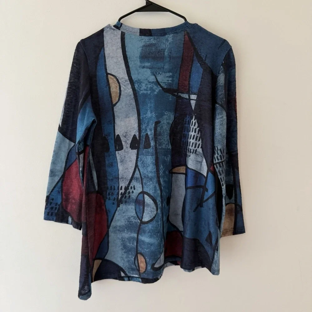 Jess & Jane Tunic Top S Artsy Art to Wear Lagenlook  Blue Abstract Asymmetrical - Picture 2 of 8